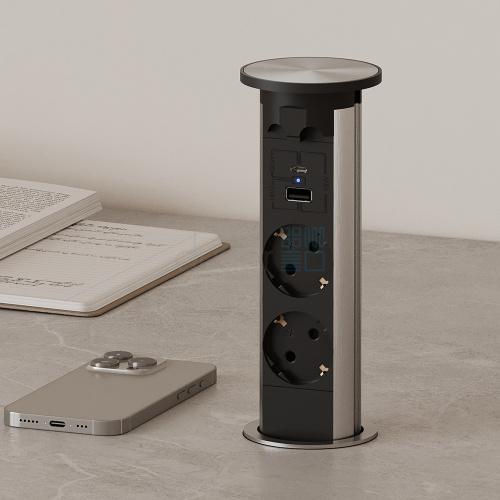 Розетка TWIN, автоматическое выдвижение, врезная, алюминий/черный