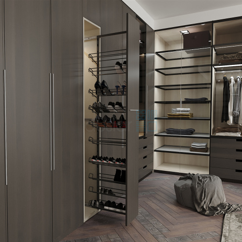 Выдвижная обувница TALL HUGO с 10-ю полками, выдвижной фасад, ширина 227 мм, высота 2100мм, антрацит
